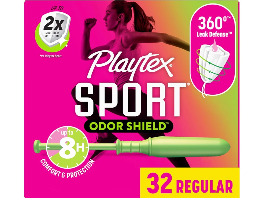 pink box of Playtex Sport Tampons in Regular Absorbency