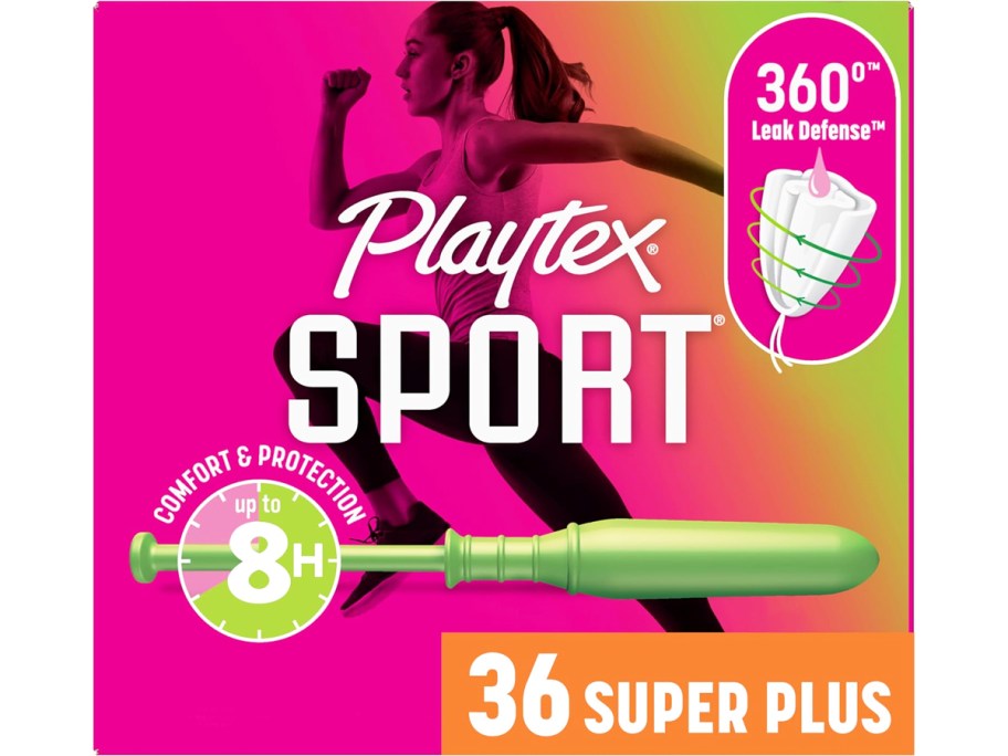 pink box of Playtex Sport Tampons in Super Plus Absorbency