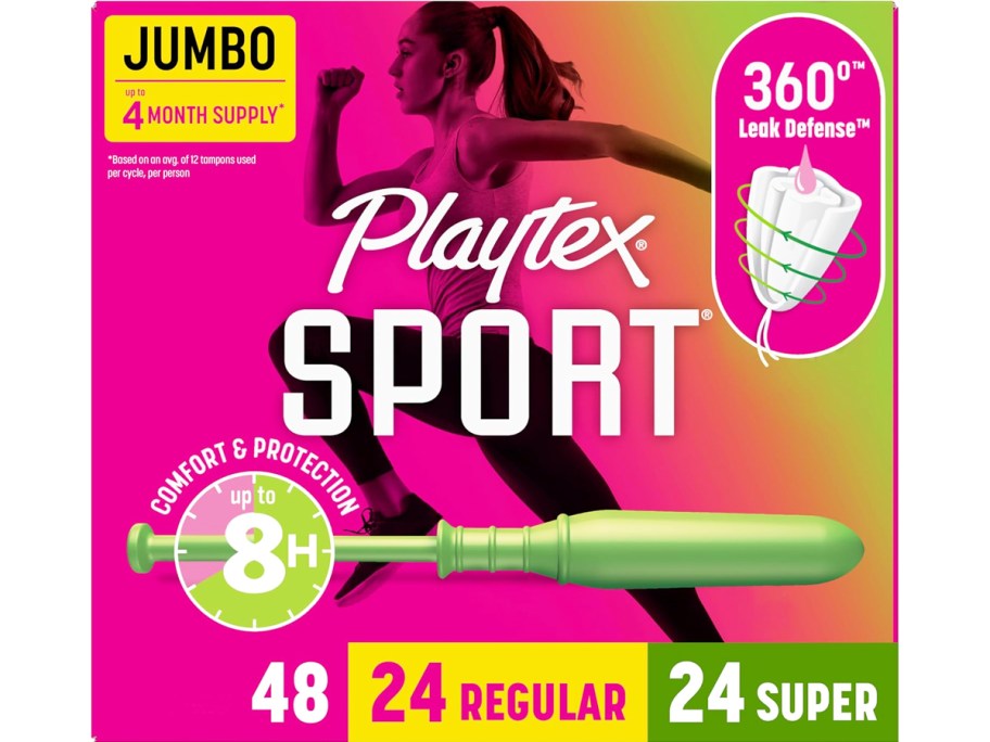 pink box of Playtex Sport Tampons in regular and super absorbancy 