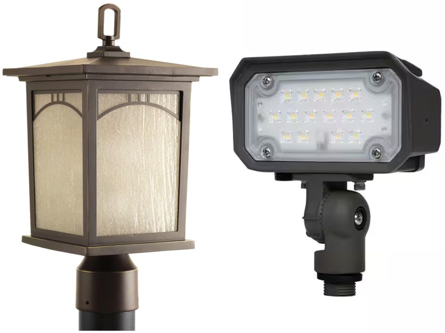Progress Lighting Residence Collection Outdoor Post Lantern Light and Commercial Electric Outdoor Integrated LED Flood Light