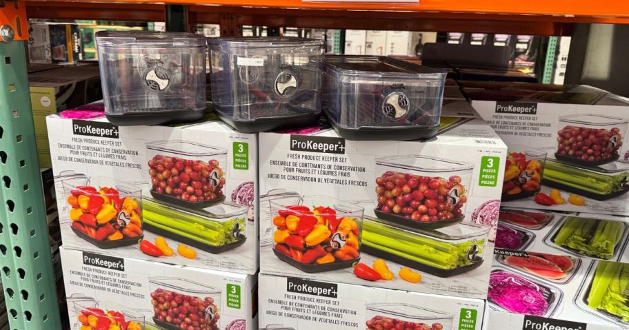 Several boxes of a Progressive Prokeeper+ produce set in Costco with a few unopened on top of them