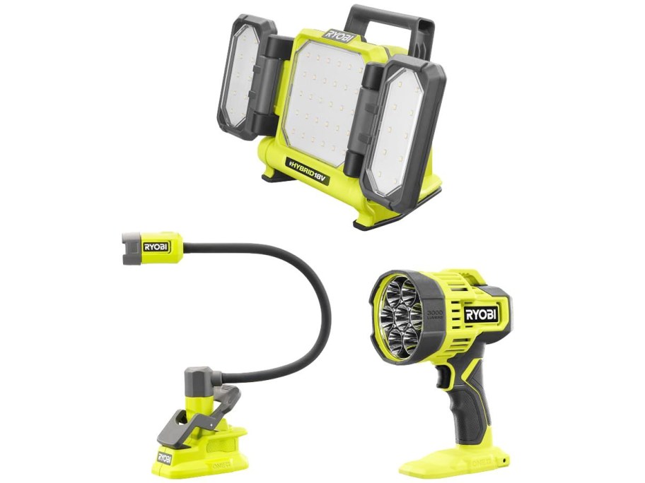 black and green ryobi spotlight, panel light, and clamp light