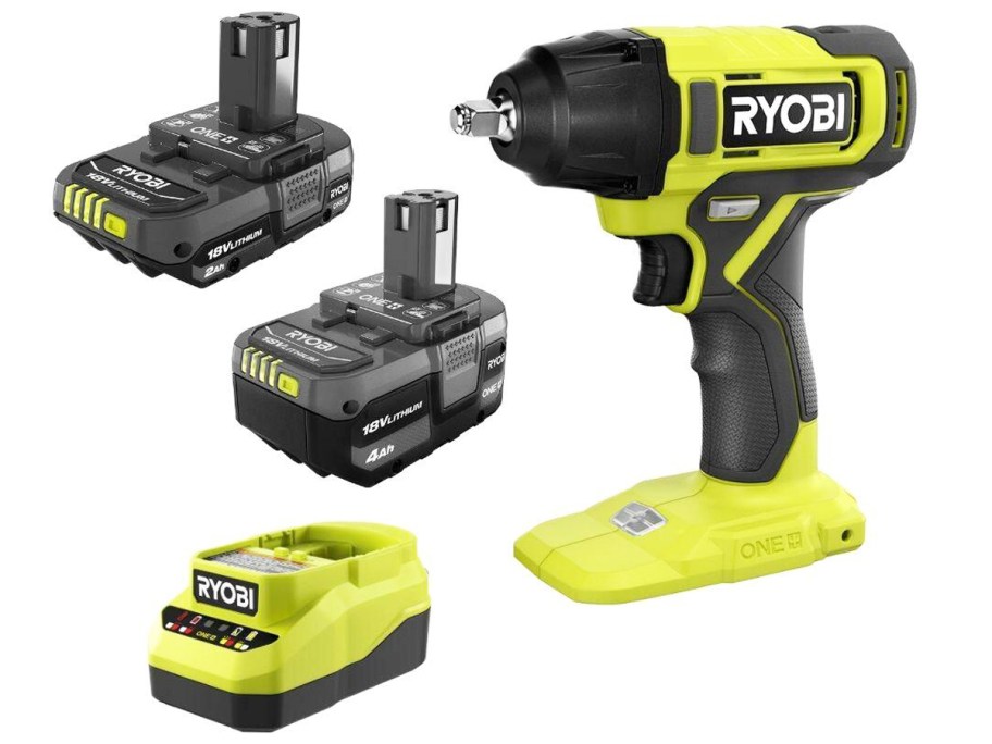 green and black impact wrench, two batteries, and charger