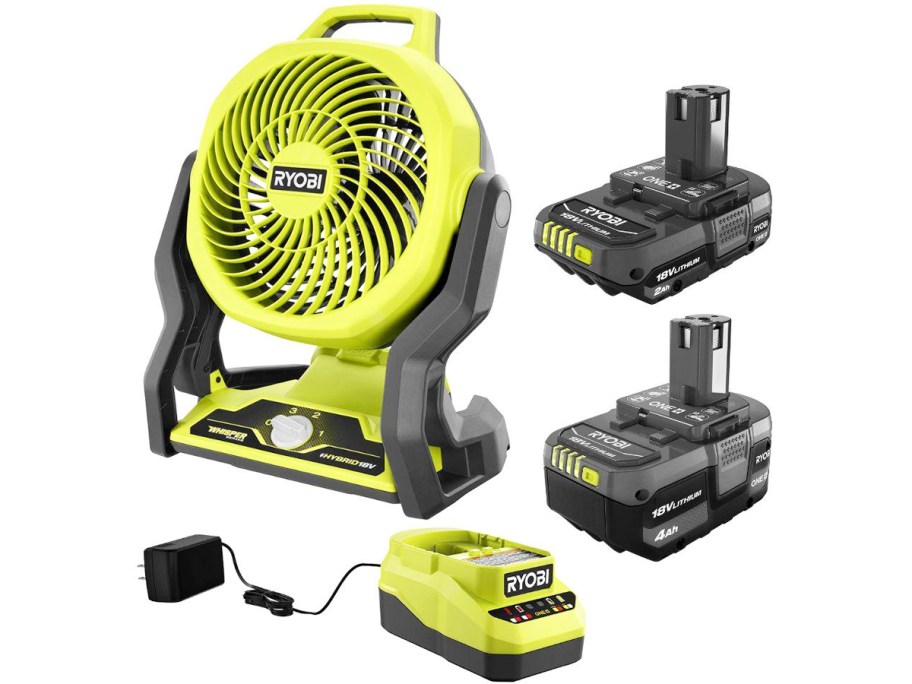 green and black fan, two batteries, and charger