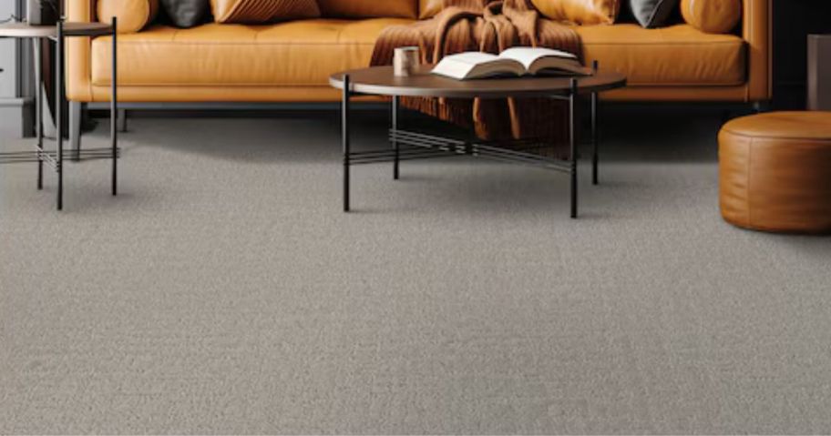 A brown carpet in a living room