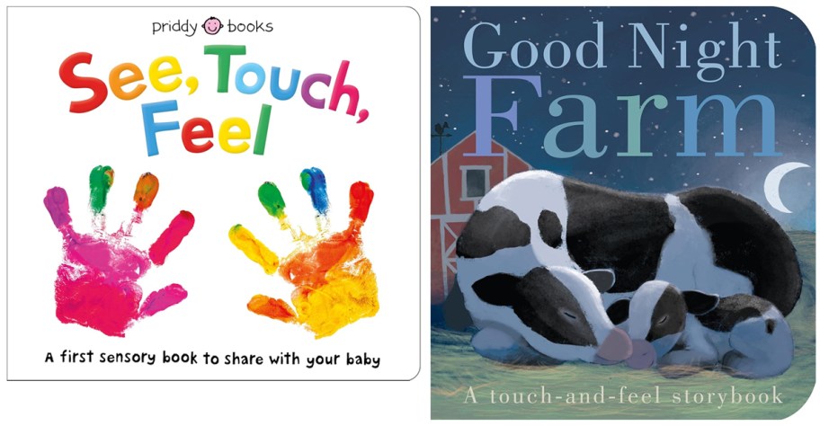 Covers of two baby board books—“See, Touch, Feel” by Priddy Books featuring colorful handprints on a white background, and “Good Night Farm” with an illustration of a cow and calf sleeping in front of a red barn under a night sky.