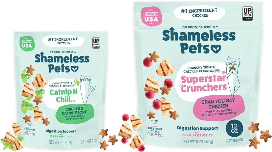 large and small bags of Shameless Pets Crunchy Cat Treats