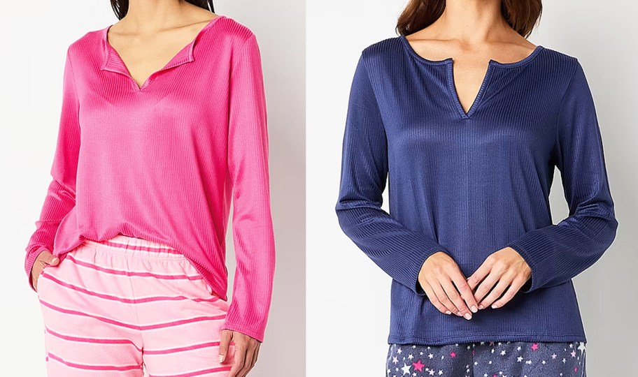 two women in pink and blue long sleeve pajama tops