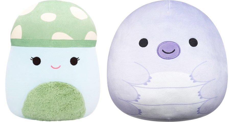 blue and green mushroom and a purple water bear Squishmallows