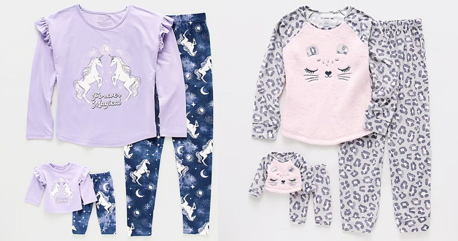 two sets of matching girls and dolls pajama sets