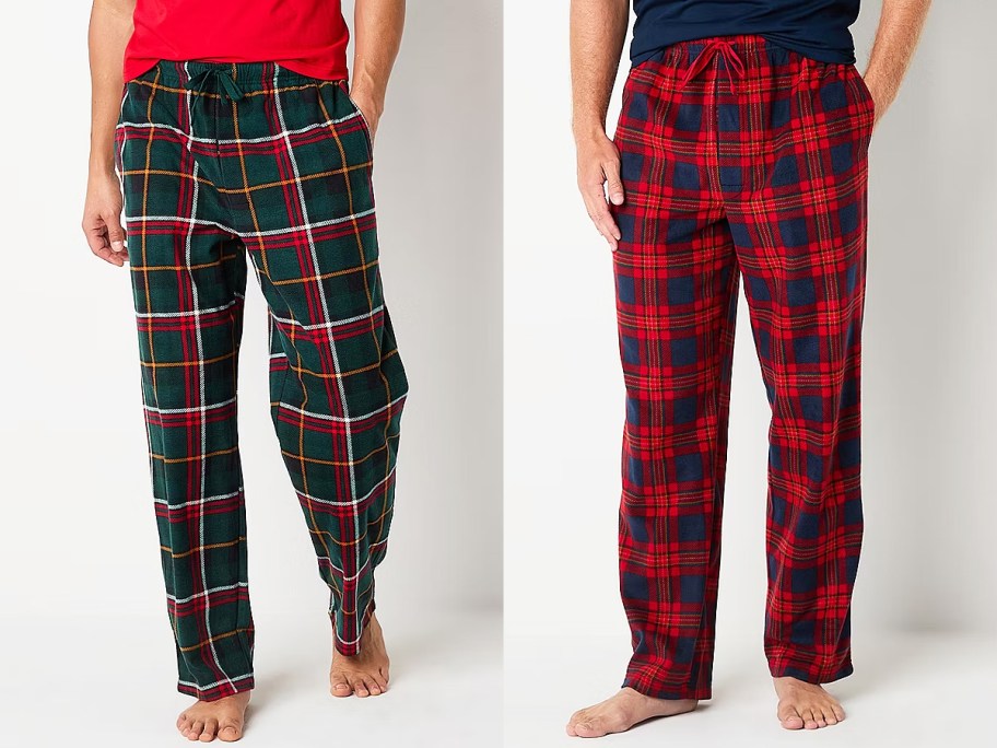two men in plaid pajama pants
