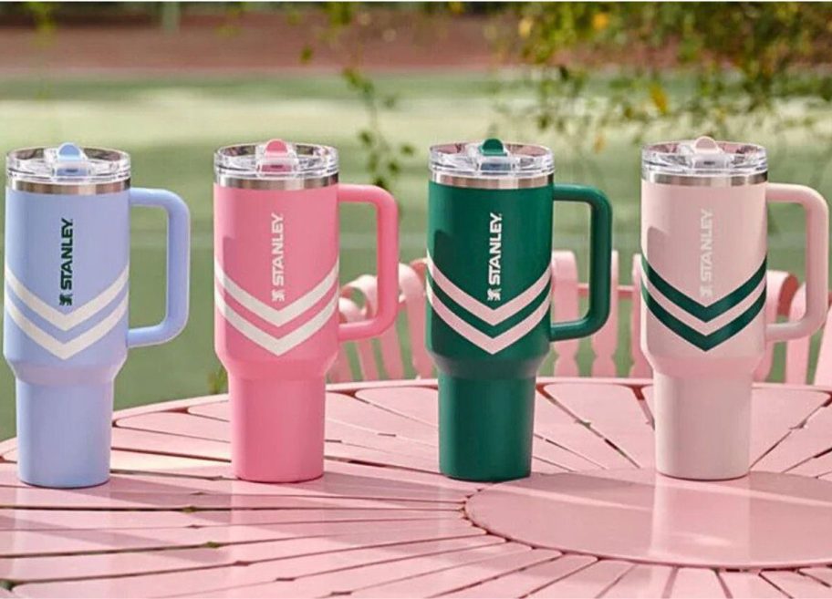 4 Stanley Chevron Collection tumblers on a pink patio table