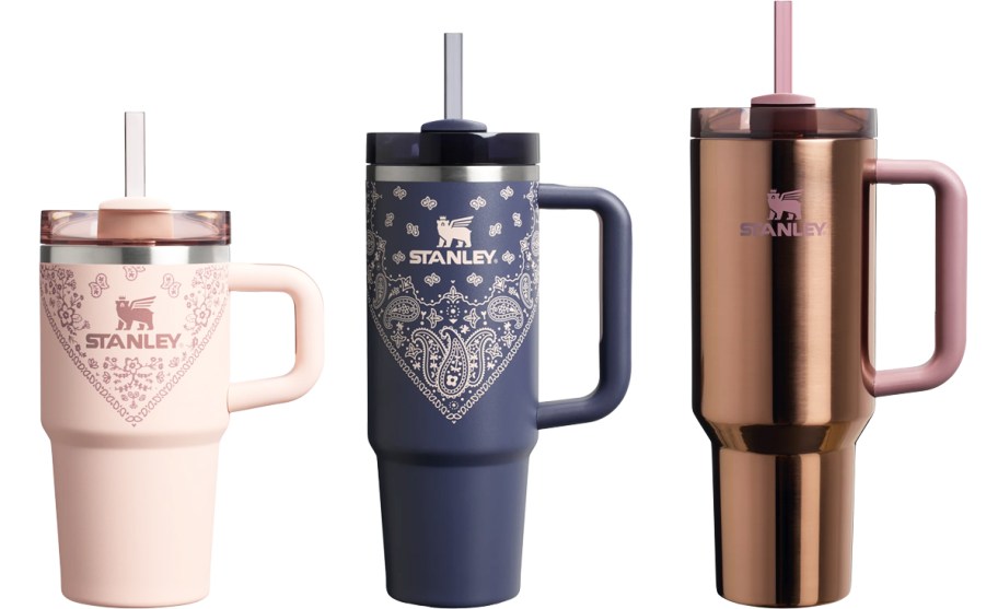 pink, blue, and rose gold stanley tumblers