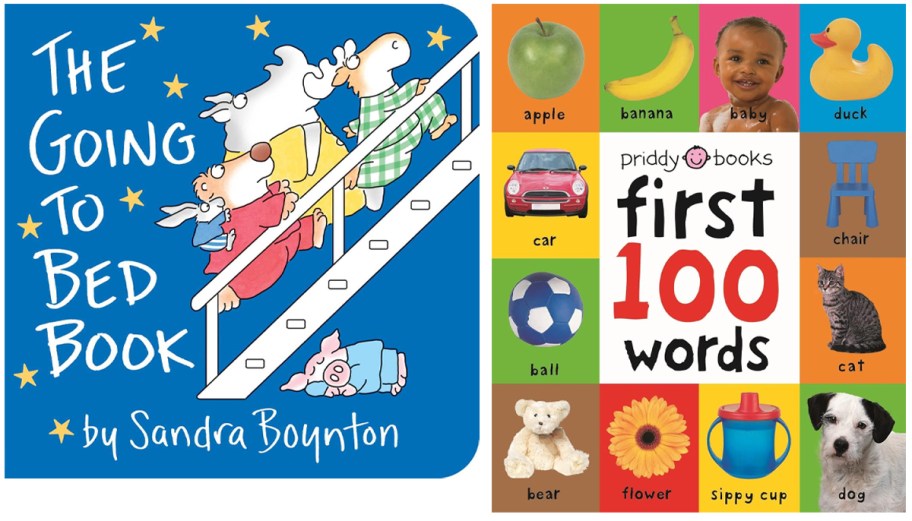Covers of two children’s board books—“The Going to Bed Book” by Sandra Boynton featuring cartoon animals in pajamas climbing stairs, and “First 100 Words” by Priddy Books showing labeled photos of common objects like apple, car, and dog.