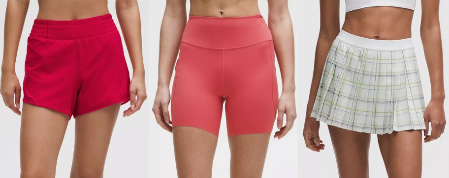 Three women eaching wearing the lululemon Hotty Hot High-Rise Lined 4in Shorts, the lululemon Fast and Free High-Rise 6 5-Pocket Shorts, and the lululemon High-Rise Pleated Tennis Skirt