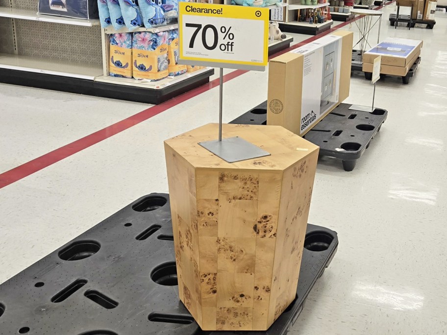 wood hexagon shaped accent table with 70% off clearance sign