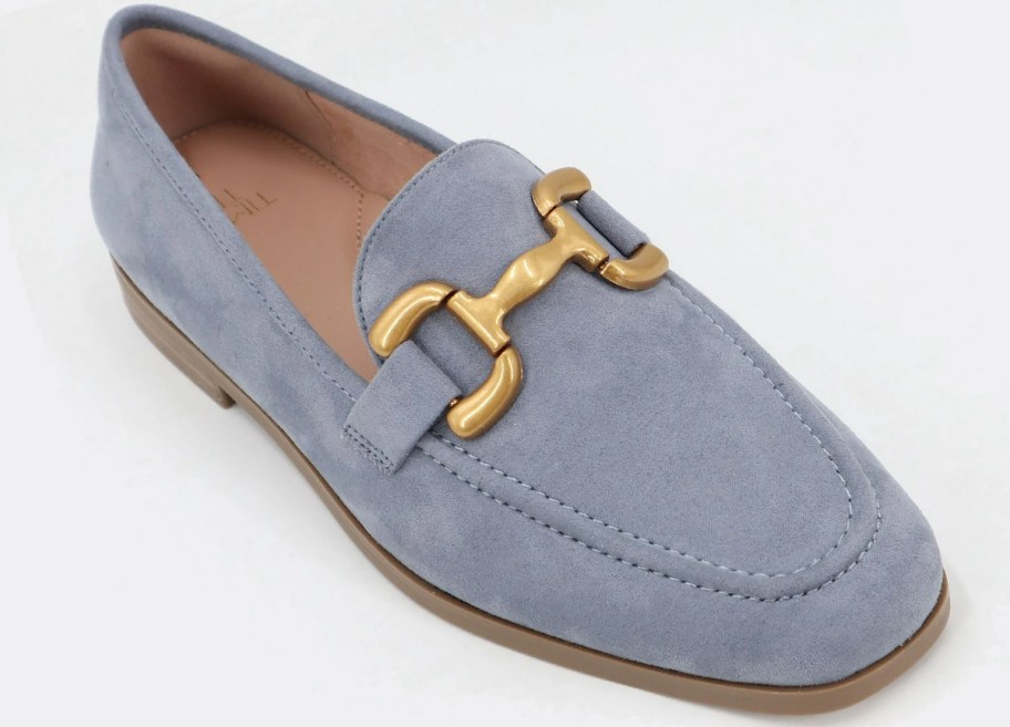 blue suede loafer with gold buckle