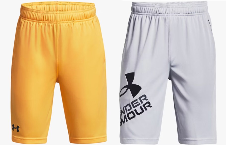 yellow and light grey under armour shorts