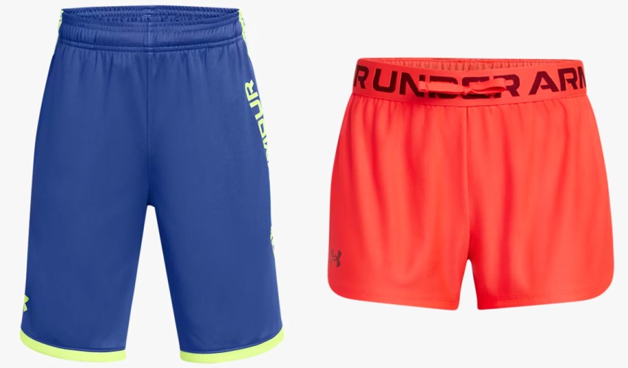 blue and red pairs of under armour shorts