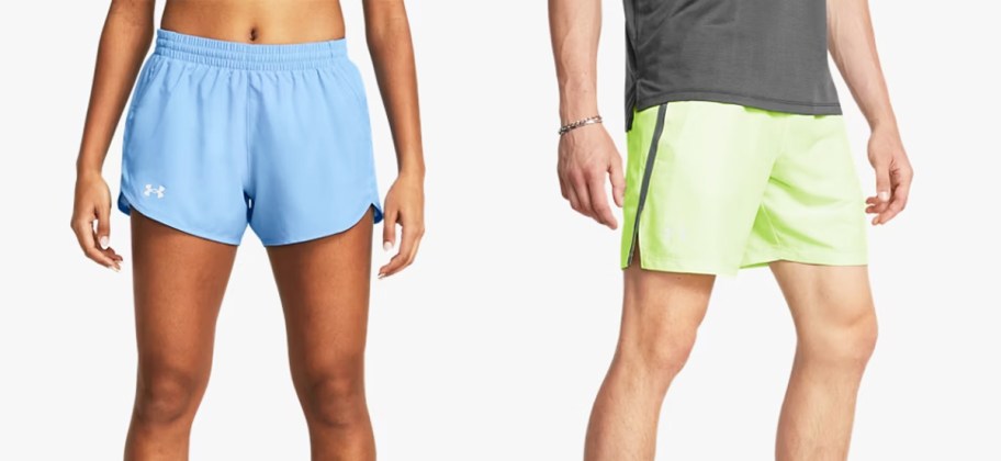 woman in blue shorts and man in green shorts