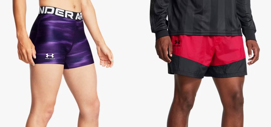 woman in purple shorts and man in red and black shorts