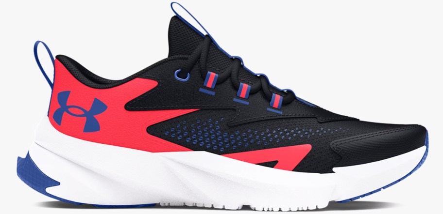 red, black, and blue under armour running shoe