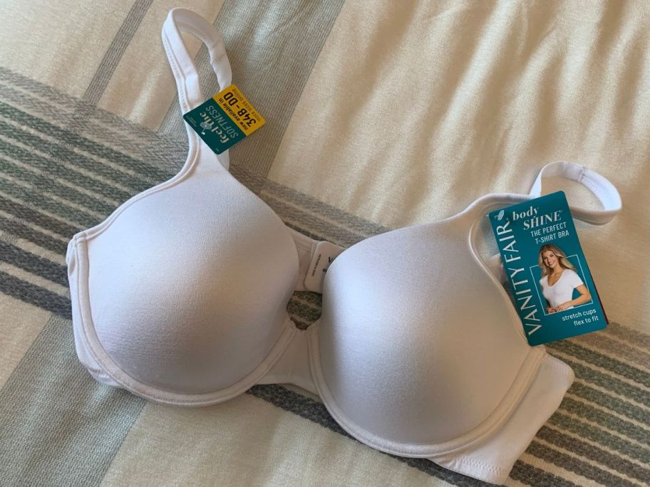 Vanity Fair Body Shine Full Coverage Underwire Bra on a bed