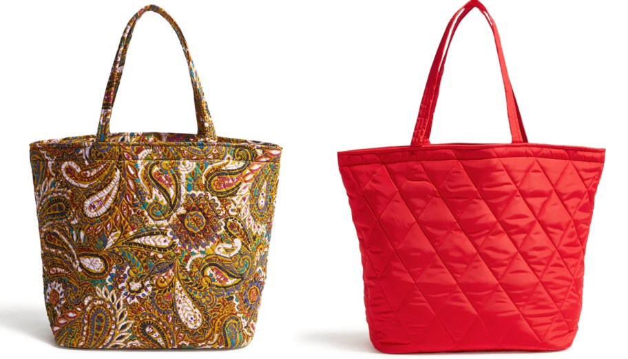 paisley print and red quilted tote bags