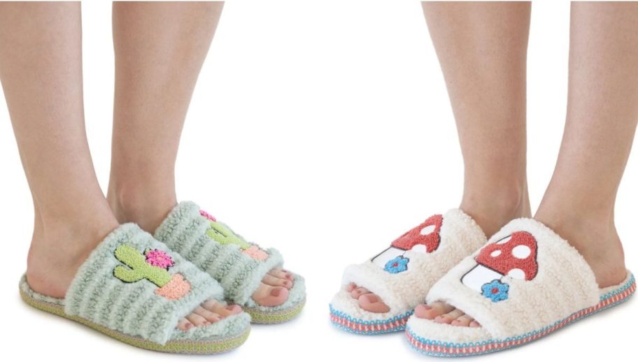 Stock images of two women's calves and feet wearing MUK LUKS Women's Graphic Cozy Slide Slippers