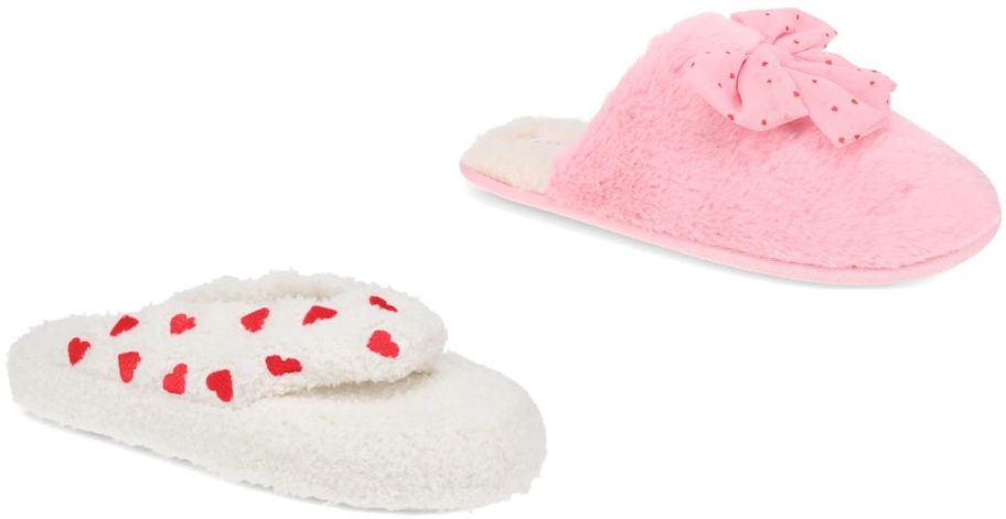 Stock images of two Joyspun women's slippers with hearts