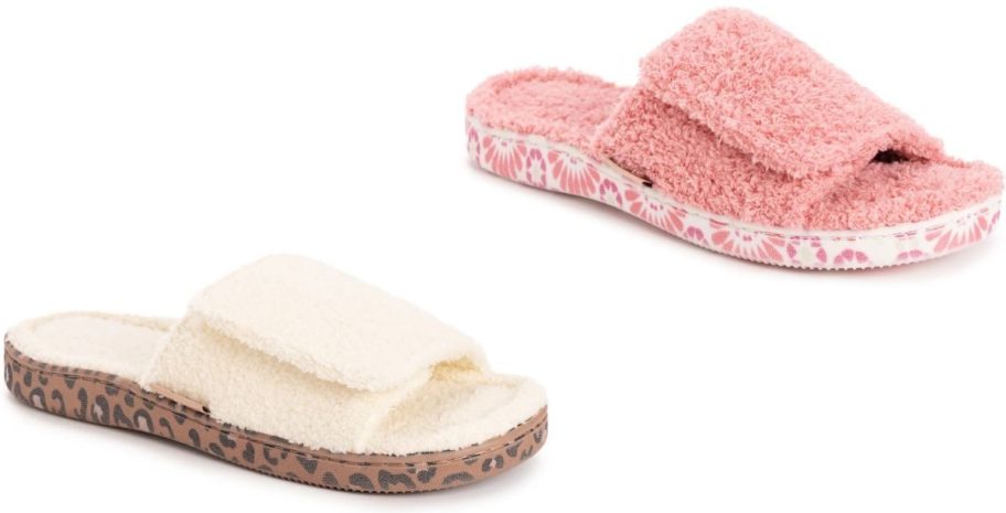Stock images of two MUK LUKS Women's Adjustable Velcro Terry Slides