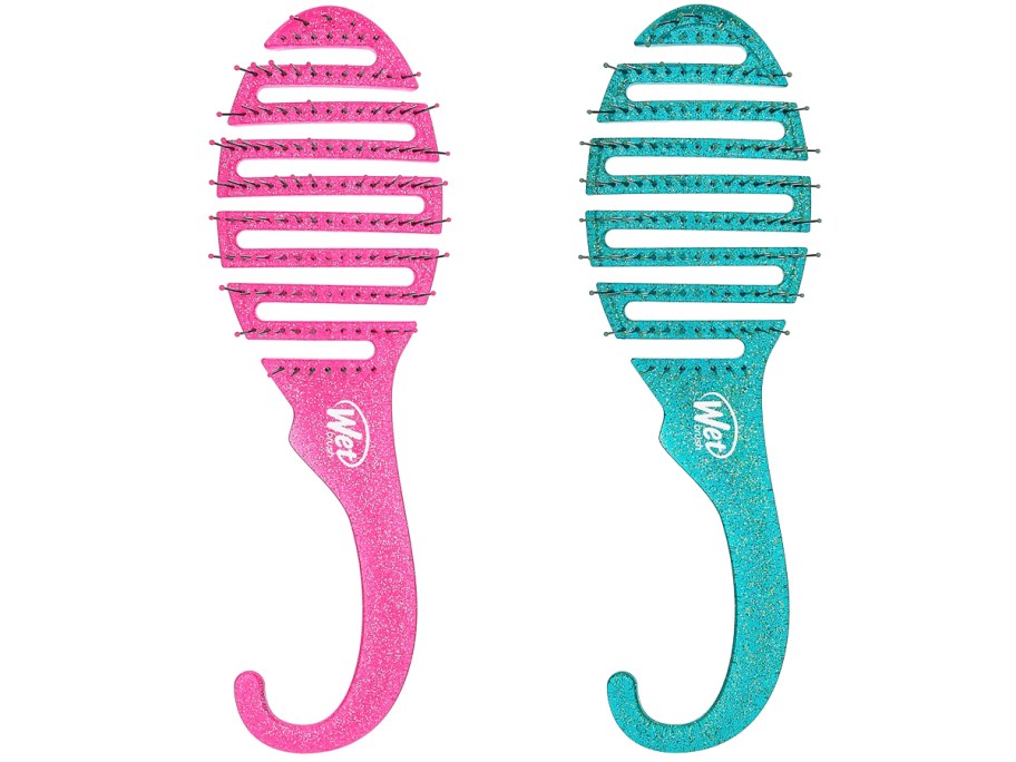 glittery pink and teal hair brushes with shower hooks