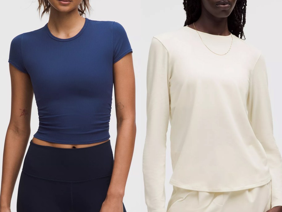 Woman wearing a blue lululemon All It Takes Back-Twist Ribbed Short-Sleeve Shirt and woman wearing ivory lululemon Love Long-Sleeve Shirt
