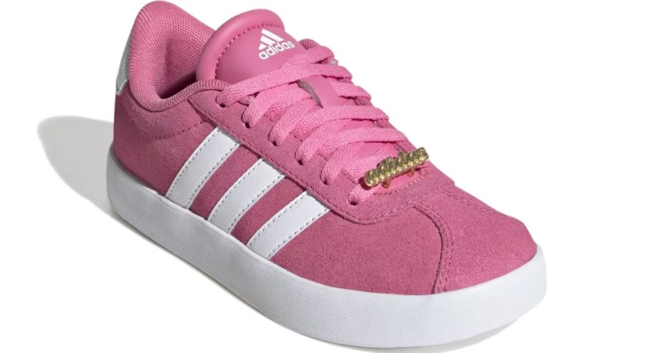 pink adidas sneaker with 3 white stripes