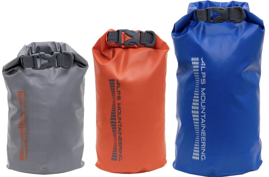 gray, red, and blue dry bags