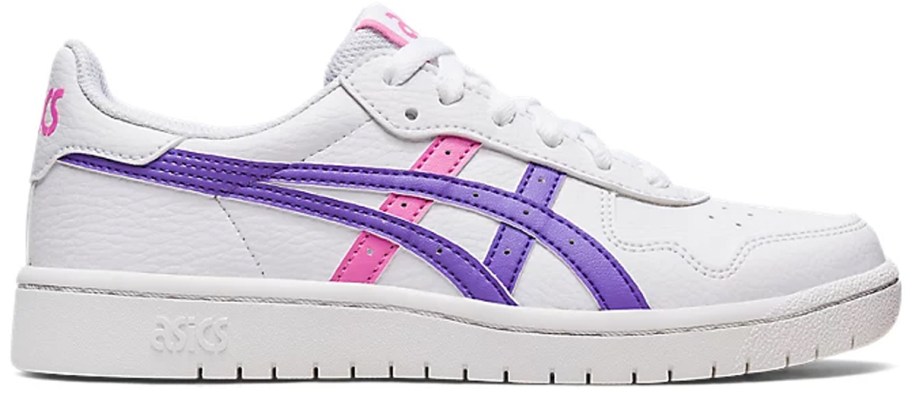 purple, pink and white asics shoe