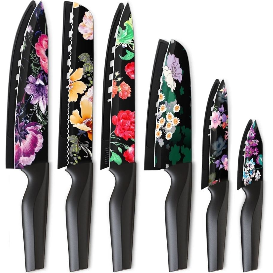 12 piece floral print knife set including blade gurards