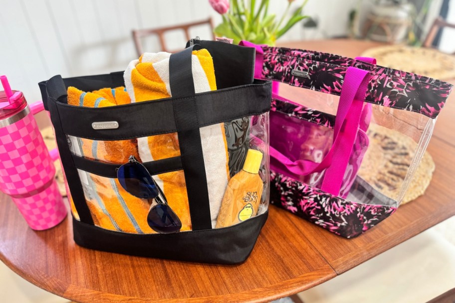 clear tote bags full of accessories on a table