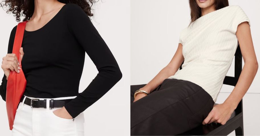 a woman wearing a black banana republic top and a woman wearing a white banana republic top