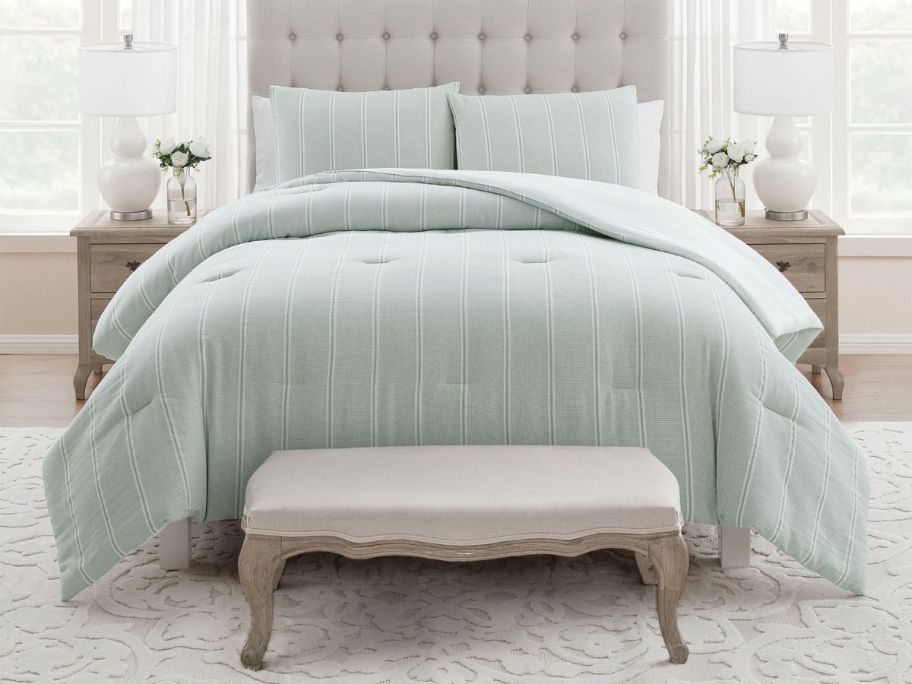 light green My Texas House Miray 3-Piece Cotton Jacquard Comforter Set on bed in bedroom