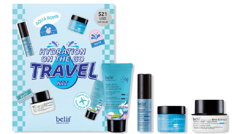 belif skincare travel set displayed next to its box