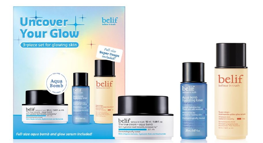 three piece belif skincare set next to its box