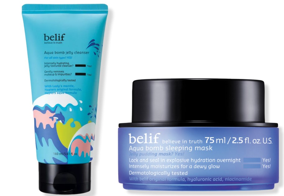 belif face wash and sleep mask next to each other 