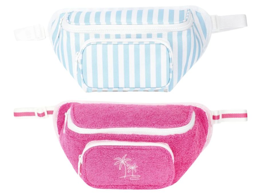 a blue and white striped and a pink No Boundaries Beach Cooler Fanny Pack