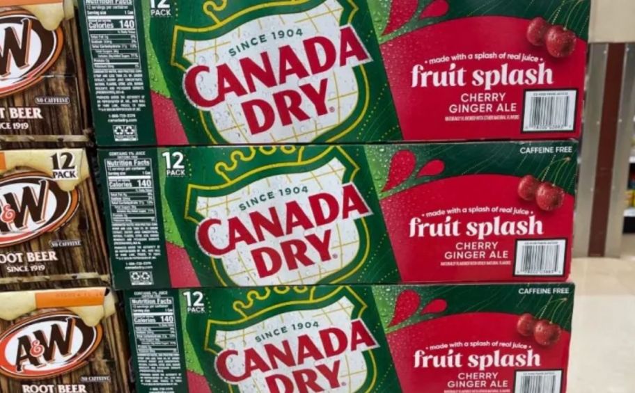 canada dry fruit splash cherry ginger ale 12 packs stacked on a store shelf