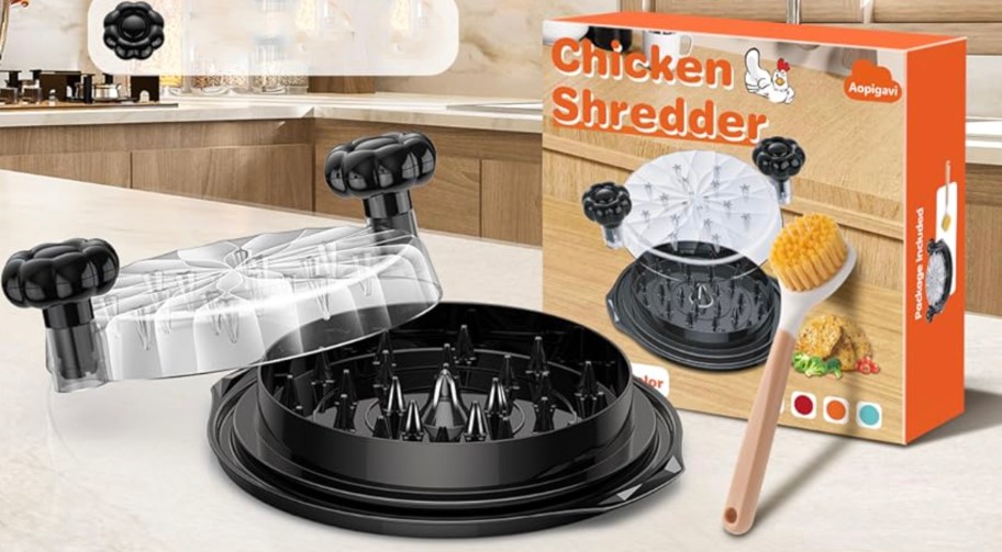 chicken shredder with brush and gift box on a kitchen counter