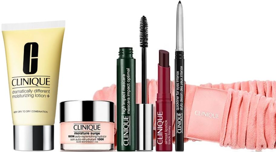 clinique 5-piece set with moisturizer, mascara, lipstick and eyeliner shown with pink headband