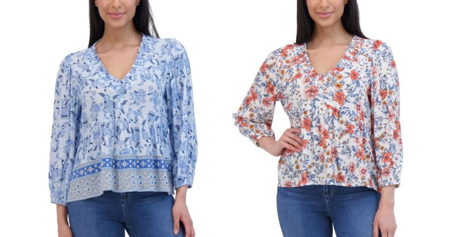 two women wearing a blue and pink floral Lucky Brand Ladies' Printed Henna Gauze Top
