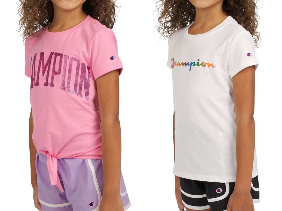 two girls wearing pink and white champion tees