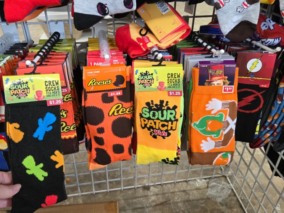 food themed socks on a display rack in a store